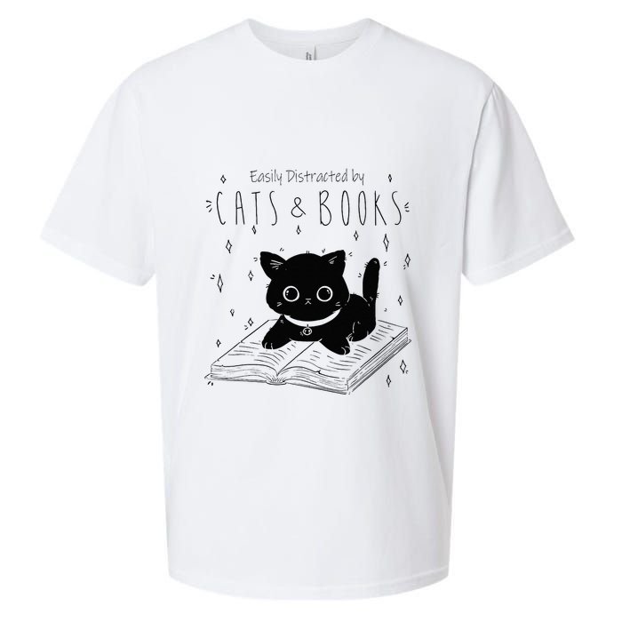 Easily Distracted By Cats And Books Funny Cat & Book Lover Sueded Cloud Jersey T-Shirt