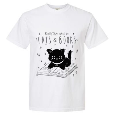 Easily Distracted By Cats And Books Funny Cat & Book Lover Garment-Dyed Heavyweight T-Shirt