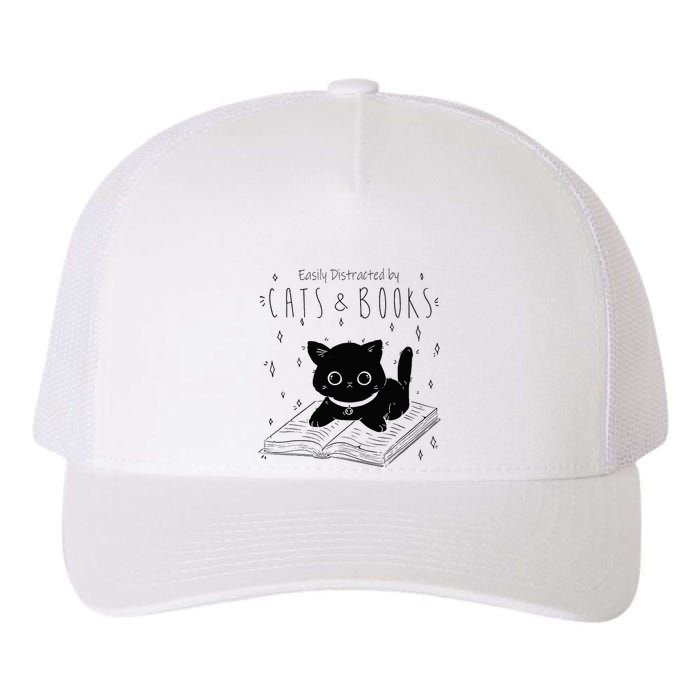 Easily Distracted By Cats And Books Funny Cat & Book Lover Yupoong Adult 5-Panel Trucker Hat