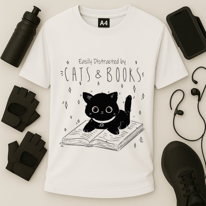 Easily Distracted By Cats And Books Funny Cat & Book Lover Performance Shirt