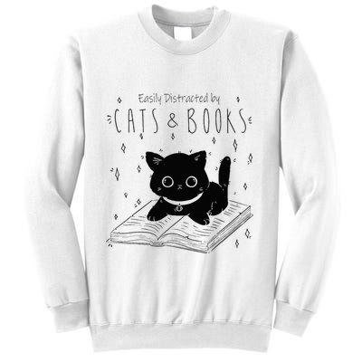 Easily Distracted By Cats And Books Funny Cat & Book Lover Sweatshirt