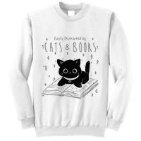 Easily Distracted By Cats And Books Funny Cat & Book Lover Sweatshirt