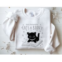Easily Distracted By Cats And Books Funny Cat & Book Lover Sweatshirt