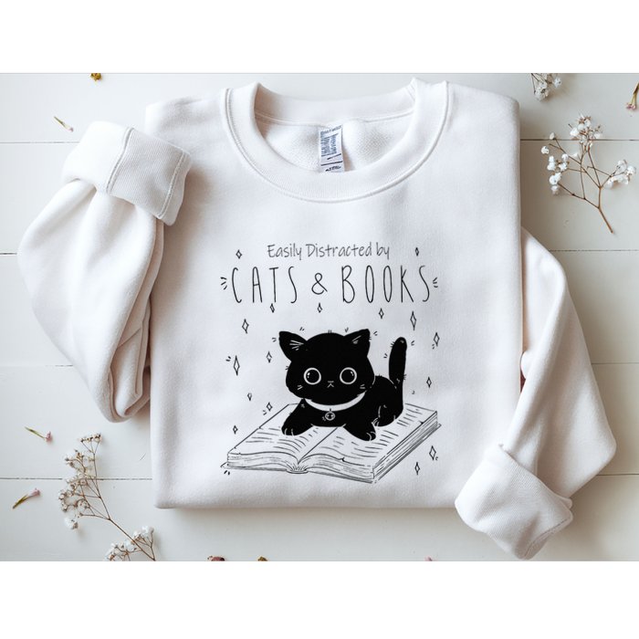 Easily Distracted By Cats And Books Funny Cat & Book Lover Sweatshirt