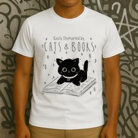 Easily Distracted By Cats And Books Funny Cat & Book Lover T-Shirt