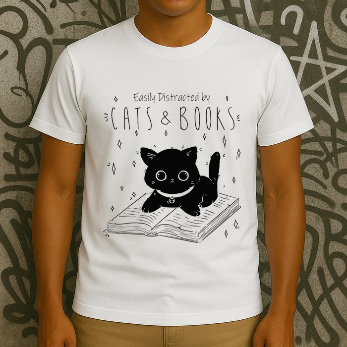 Easily Distracted By Cats And Books Funny Cat & Book Lover T-Shirt