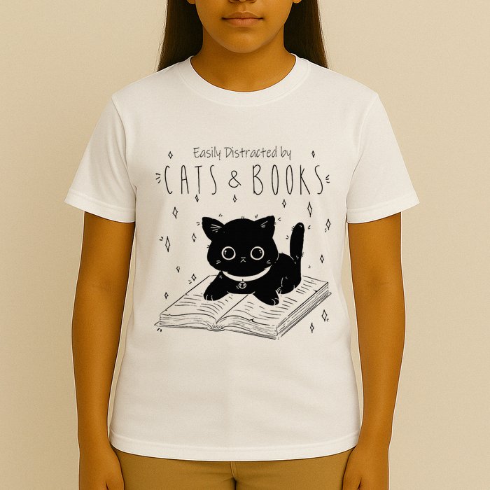 Easily Distracted By Cats And Books Funny Cat & Book Lover T-Shirt