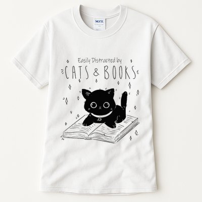 Easily Distracted By Cats And Books Funny Cat & Book Lover Tall T-Shirt