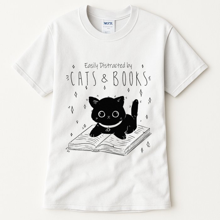 Easily Distracted By Cats And Books Funny Cat & Book Lover Tall T-Shirt