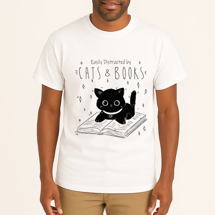 Easily Distracted By Cats And Books Funny Cat & Book Lover Tall T-Shirt