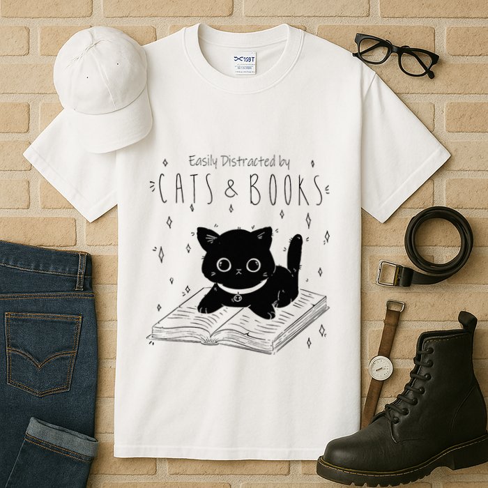 Easily Distracted By Cats And Books Funny Cat & Book Lover Tall T-Shirt