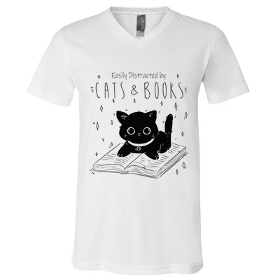 Easily Distracted By Cats And Books Funny Cat & Book Lover V-Neck T-Shirt