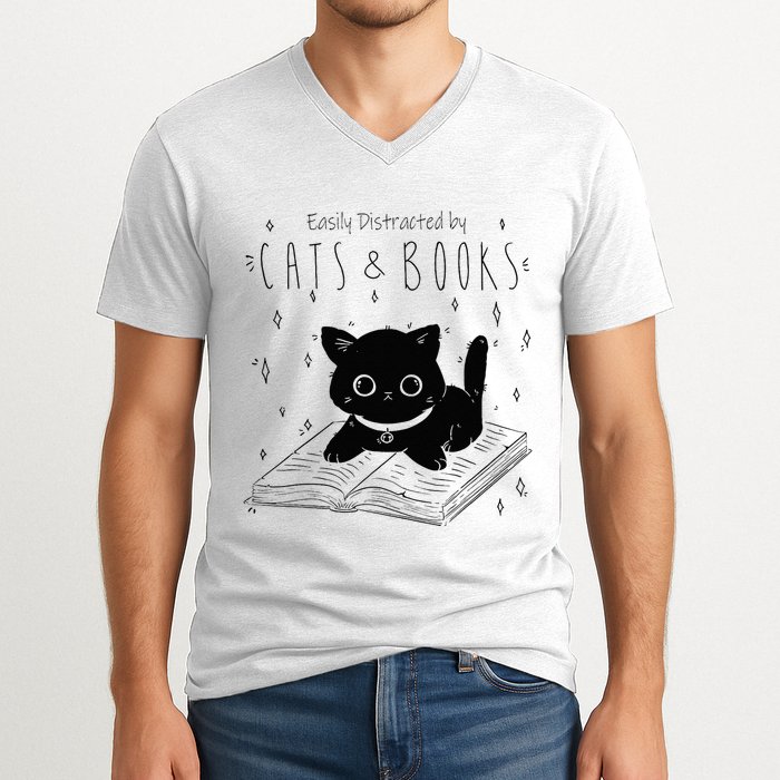 Easily Distracted By Cats And Books Funny Cat & Book Lover V-Neck T-Shirt
