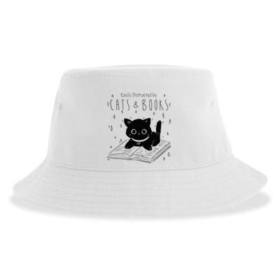 Easily Distracted By Cats And Books Funny Cat & Book Lover Sustainable Bucket Hat