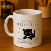 Easily Distracted By Cats And Books Funny Cat & Book Lover Mug