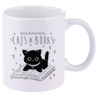 Easily Distracted By Cats And Books Funny Cat & Book Lover 11oz C Handle Ceramic Mug