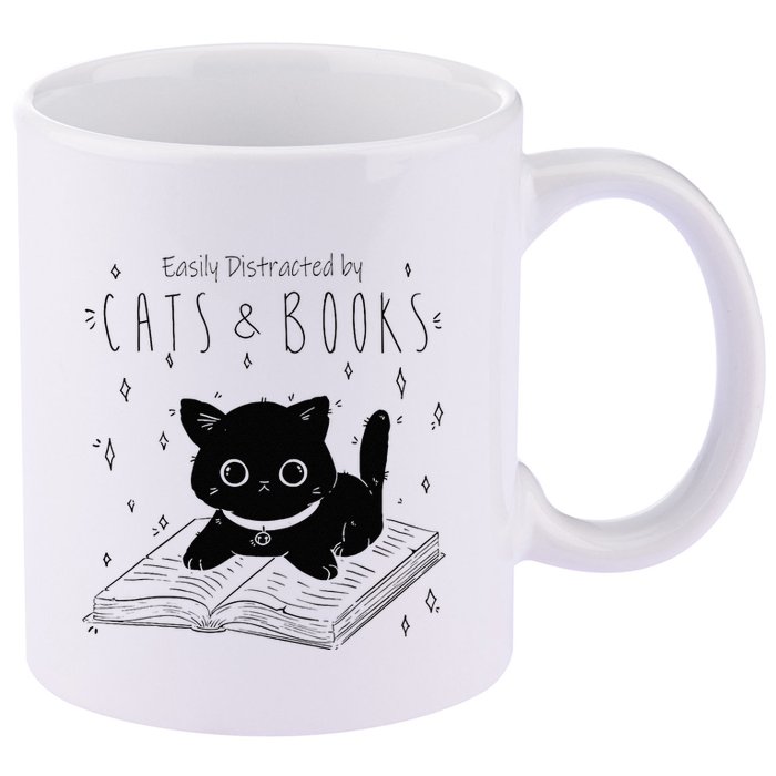 Easily Distracted By Cats And Books Funny Cat & Book Lover 11oz C Handle Ceramic Mug