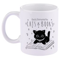 Easily Distracted By Cats And Books Funny Cat & Book Lover 11oz C Handle Ceramic Mug