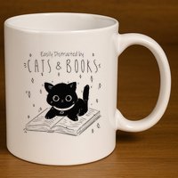 Easily Distracted By Cats And Books Funny Cat & Book Lover 11oz C Handle Ceramic Mug