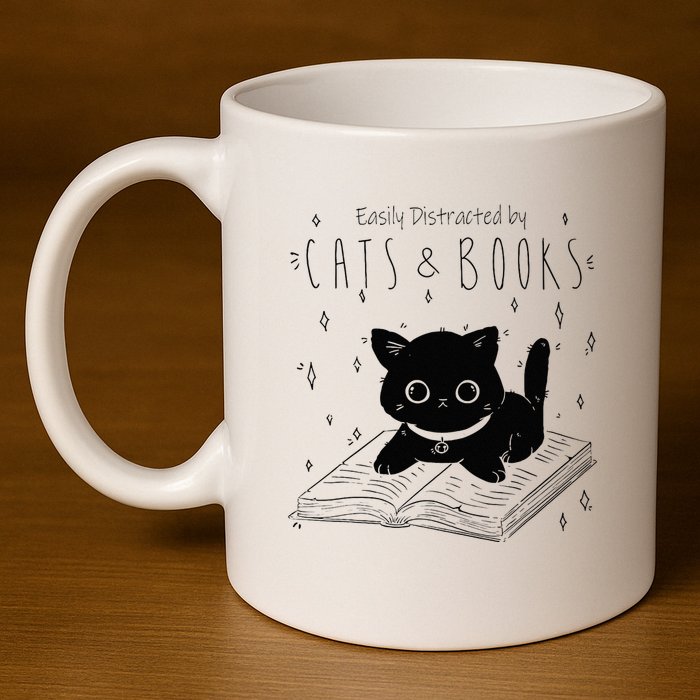 Easily Distracted By Cats And Books Funny Cat & Book Lover 11oz C Handle Ceramic Mug