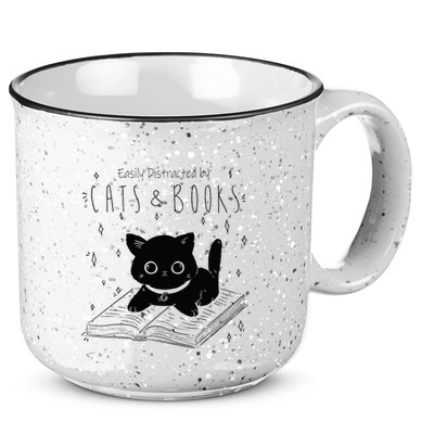 Easily Distracted By Cats And Books Funny Cat & Book Lover 15oz Campfire Ceramic Mug