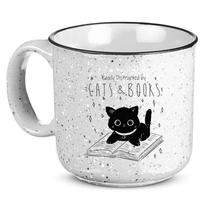 Easily Distracted By Cats And Books Funny Cat & Book Lover 15oz Campfire Ceramic Mug