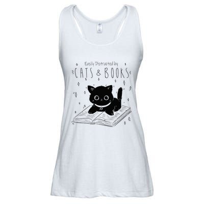 Easily Distracted By Cats And Books Funny Cat & Book Lover Ladies Essential Flowy Tank