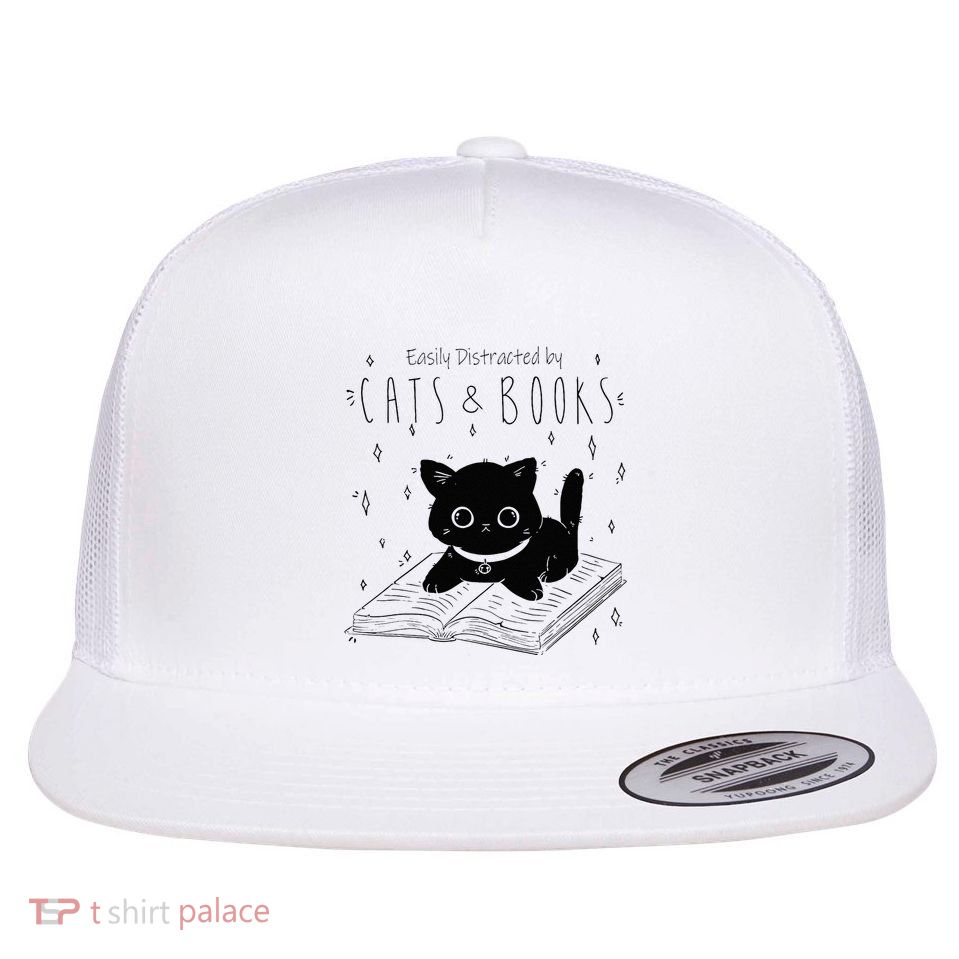 Easily Distracted By Cats And Books Funny Cat & Book Lover Flatbill Hat