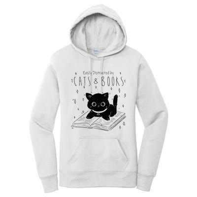 Easily Distracted By Cats And Books Funny Cat & Book Lover Women's Pullover Hoodie