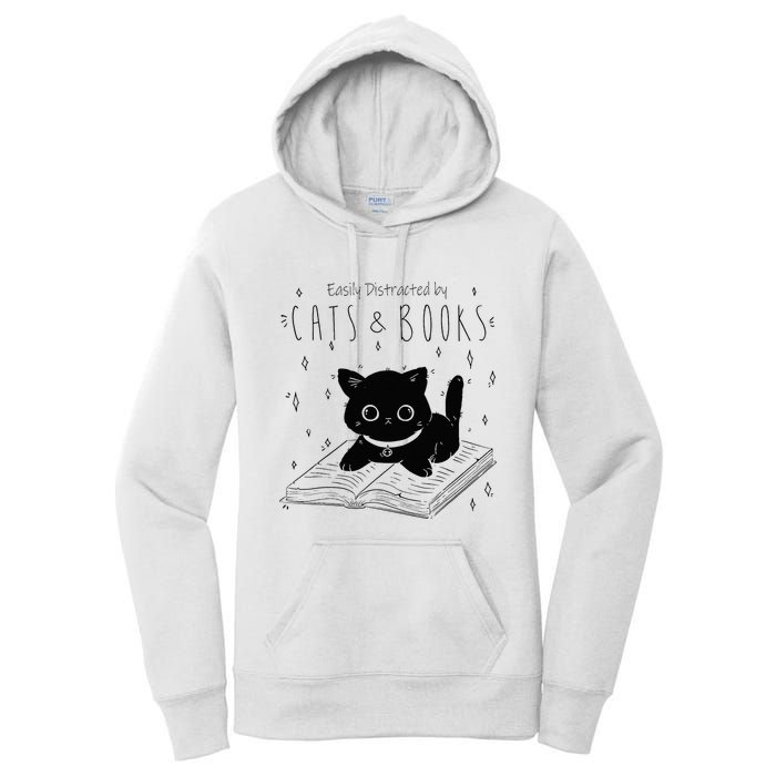 Easily Distracted By Cats And Books Funny Cat & Book Lover Women's Pullover Hoodie