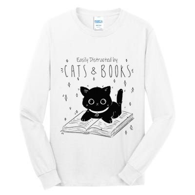 Easily Distracted By Cats And Books Funny Cat & Book Lover Tall Long Sleeve T-Shirt