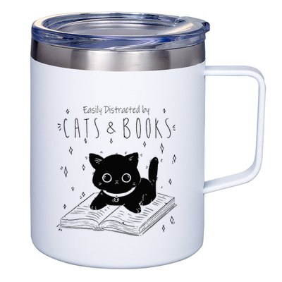 Easily Distracted By Cats And Books Funny Cat & Book Lover 12oz Stainless Steel Coffee Mug