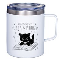Easily Distracted By Cats And Books Funny Cat & Book Lover 12oz Stainless Steel Coffee Mug