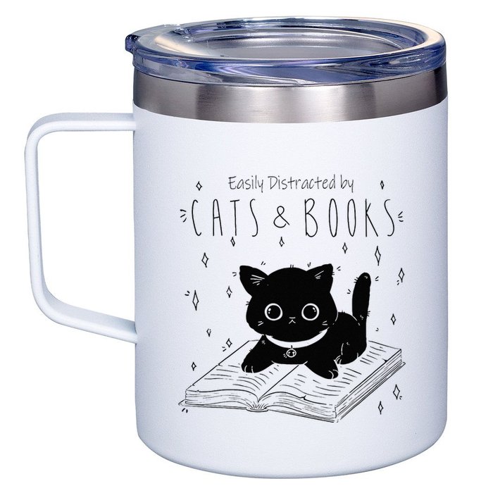 Easily Distracted By Cats And Books Funny Cat & Book Lover 12oz Stainless Steel Coffee Mug