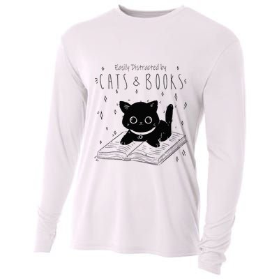 Easily Distracted By Cats And Books Funny Cat & Book Lover Cooling Performance Long Sleeve Crew