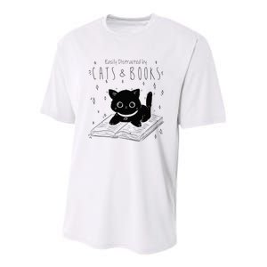 Easily Distracted By Cats And Books Funny Cat & Book Lover Youth Performance Sprint T-Shirt