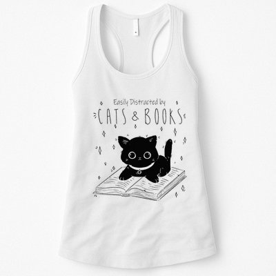 Easily Distracted By Cats And Books Funny Cat & Book Lover Womens Tank Top