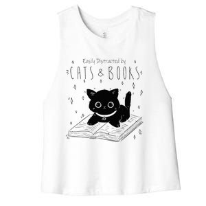 Easily Distracted By Cats And Books Funny Cat & Book Lover Women's Racerback Cropped Tank