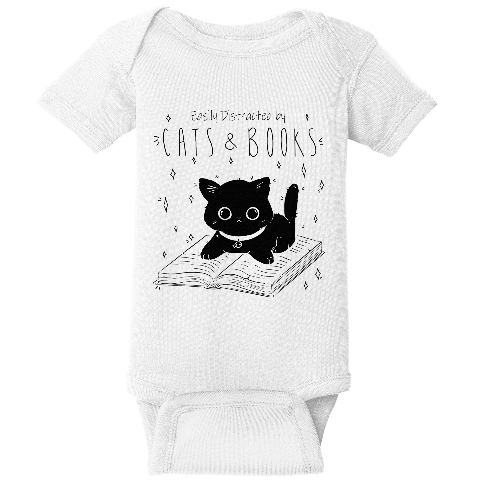 Easily Distracted By Cats And Books Funny Cat & Book Lover Baby Bodysuit