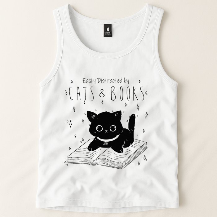 Easily Distracted By Cats And Books Funny Cat & Book Lover Tank Top