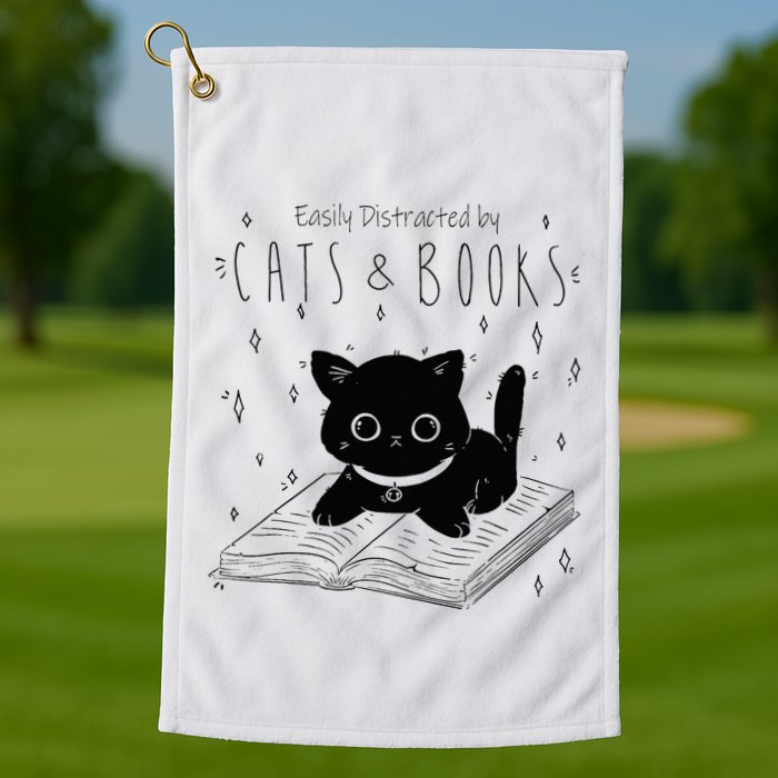 Easily Distracted By Cats And Books Funny Cat & Book Lover Golf Towel