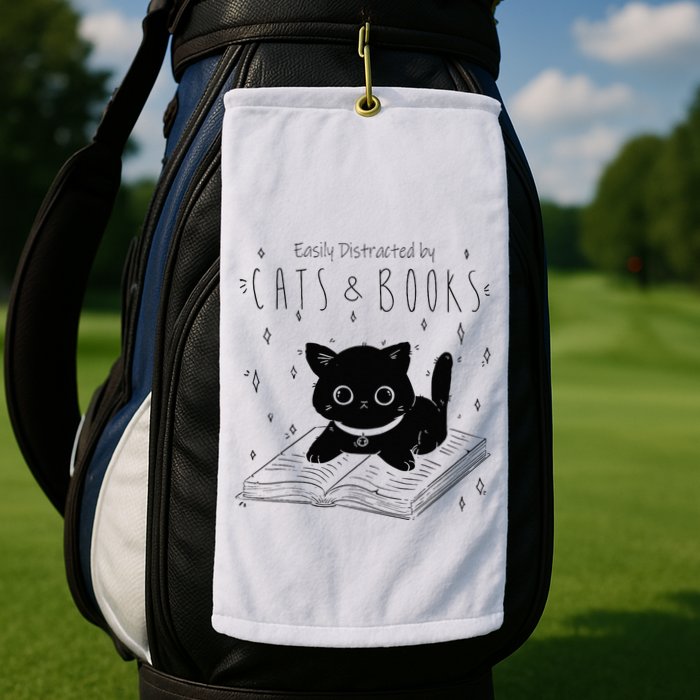 Easily Distracted By Cats And Books Funny Cat & Book Lover Golf Towel
