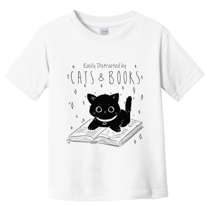 Easily Distracted By Cats And Books Funny Cat & Book Lover Toddler T-Shirt