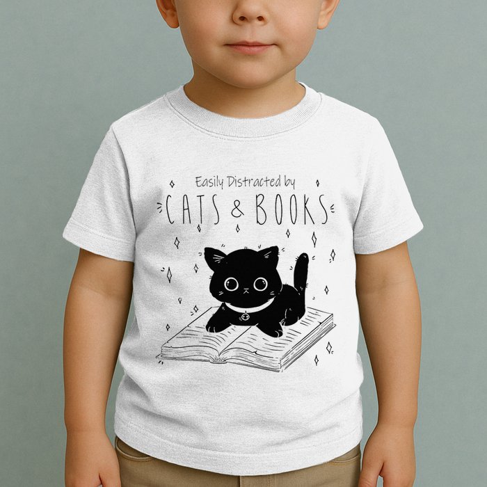 Easily Distracted By Cats And Books Funny Cat & Book Lover Toddler T-Shirt