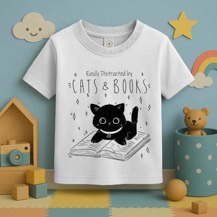 Easily Distracted By Cats And Books Funny Cat & Book Lover Toddler T-Shirt