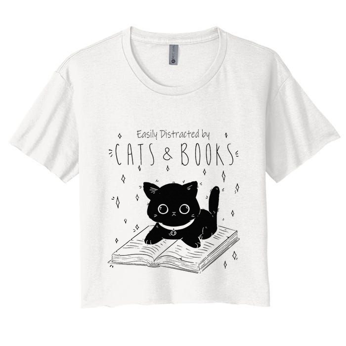 Easily Distracted By Cats And Books Funny Cat & Book Lover Crop Top