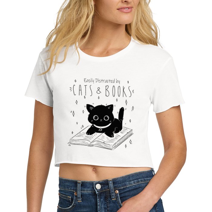 Easily Distracted By Cats And Books Funny Cat & Book Lover Crop Top