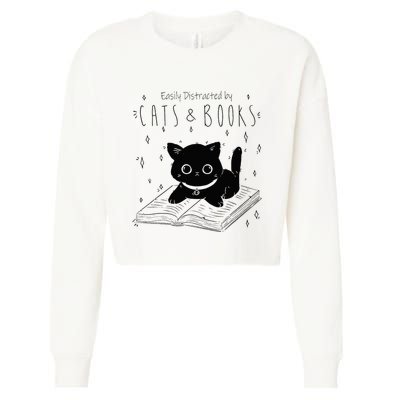 Easily Distracted By Cats And Books Funny Cat & Book Lover Cropped Pullover Crew