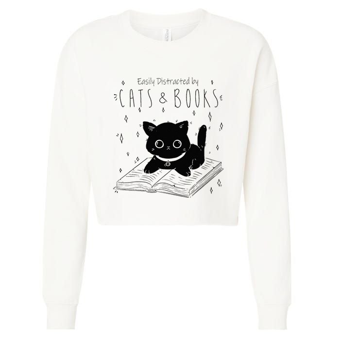 Easily Distracted By Cats And Books Funny Cat & Book Lover Cropped Pullover Crew