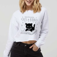 Easily Distracted By Cats And Books Funny Cat & Book Lover Cropped Pullover Crew